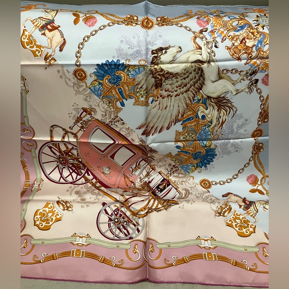 100% Silk Scarf Square Wrap Double sided Horse Carriage print